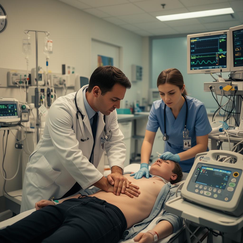 Médico e enfermeira realizando RCP em sala de emergência